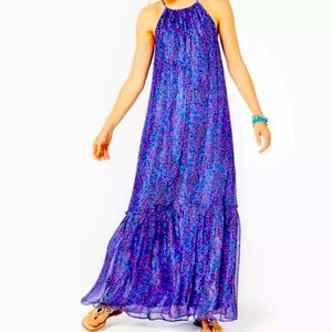 NWT Lilly Pulitzer Alessandra Maxi Dress Blue Flare Growl And Prowl Metallic XL